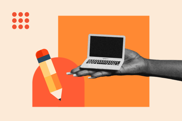 Abstract depiction of writing and deleting a google review featuring an animated pencil and a hand with a small laptop on it over a colorful background.